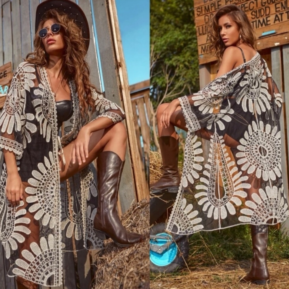 NEW Western Black White Sheer Floral Tribal Embroidered Summer Cover-Up (#1,310)